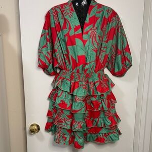 Tropical Leaf Print Ruffle Women Dress SzL - NWOT